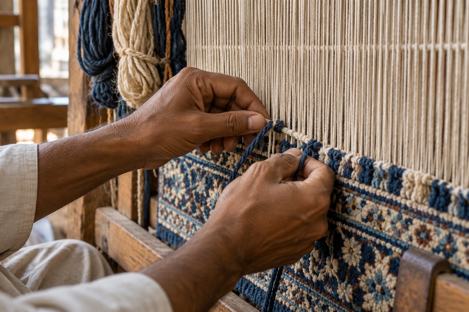Hands working wool yarn on a traditional rug loom